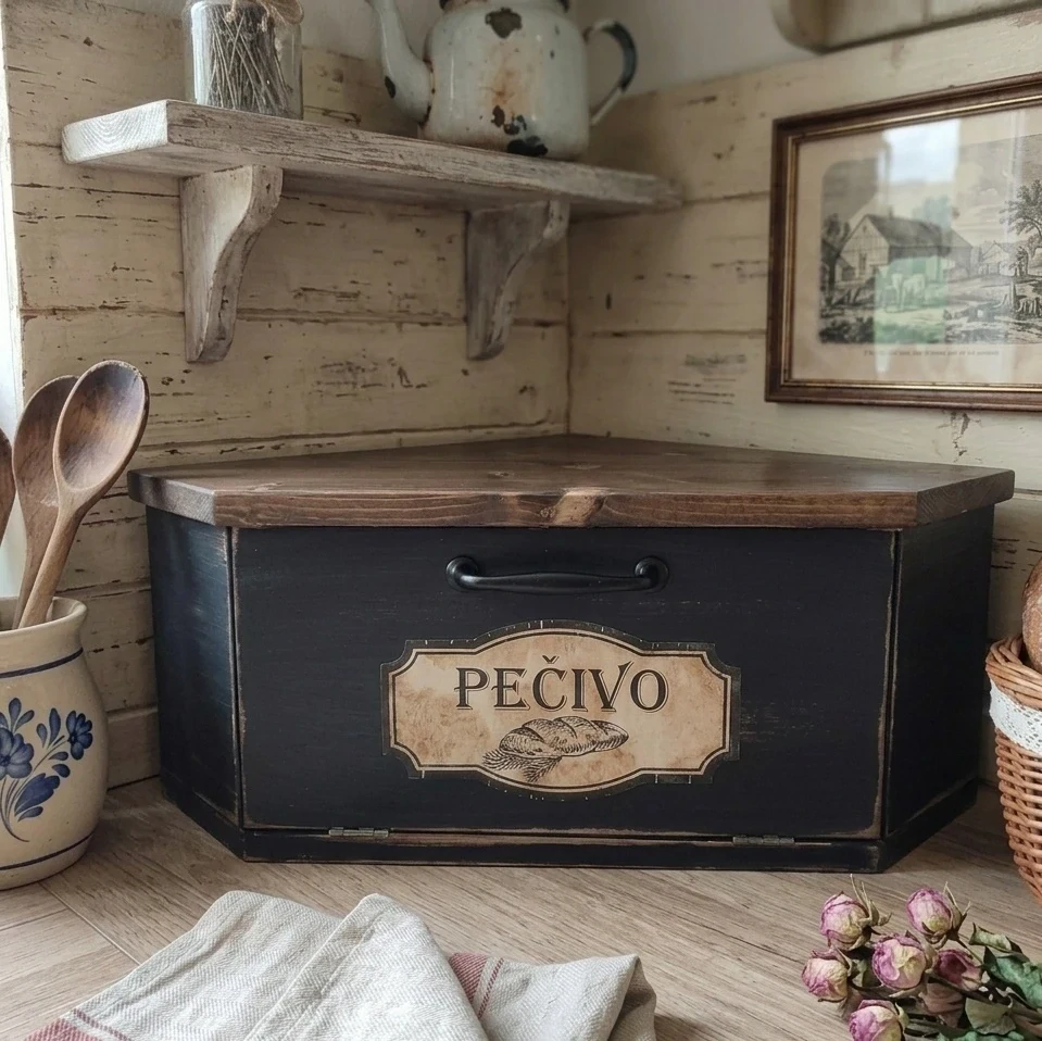 Dřevěný rohový chlebník – černý s vintage patinou