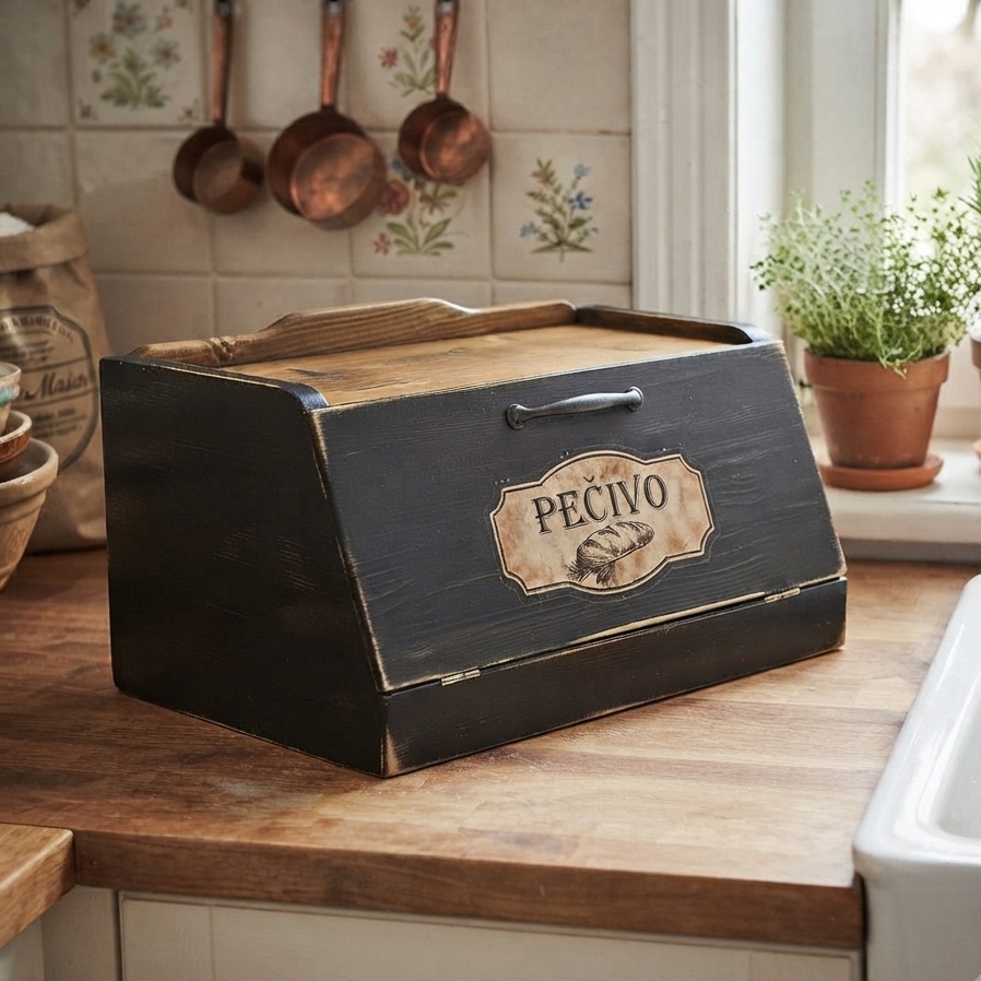 Dřevěný chlebník černý s vintage patinou